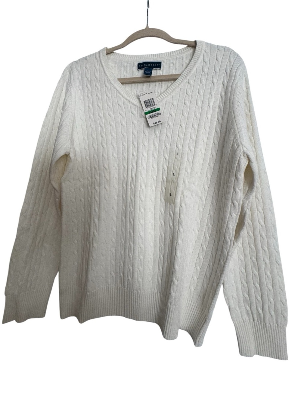 NWT Karen Scott Cream Cable-Knit V-Neck Sweater